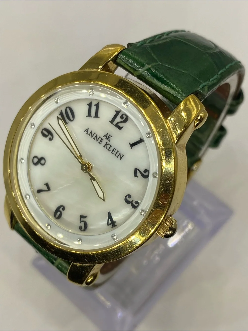 Men’s *** Anne Klein “ Gold Case ^ Emerald Green *** Leather Strap Watch ***